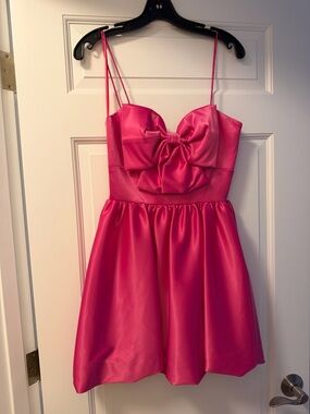 Mac Duggal Hot Pink Satin Mini Dress with Front Bow